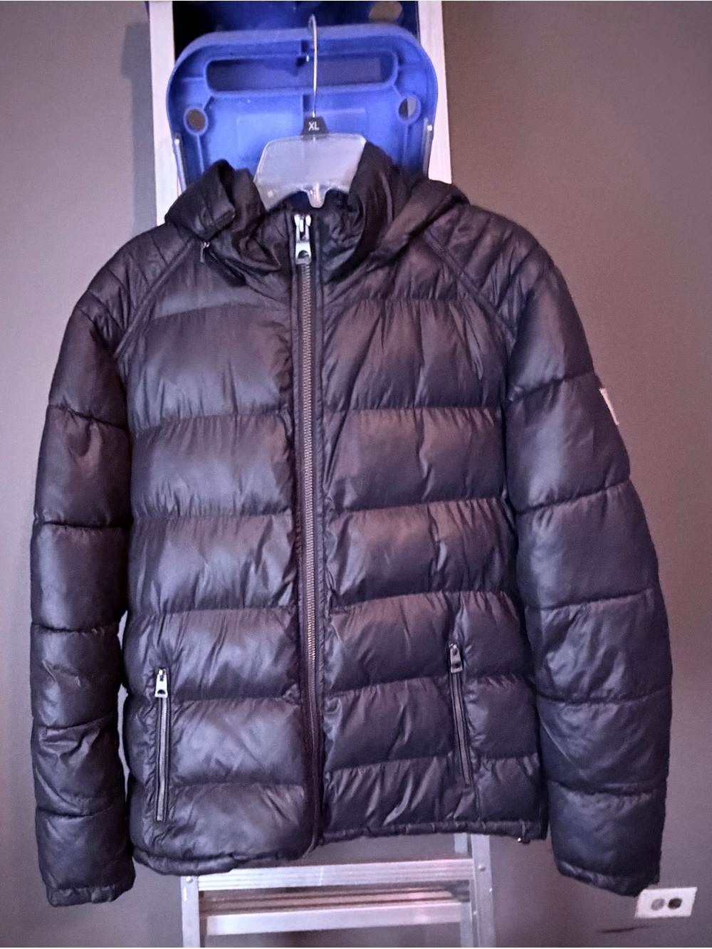 Guess Black Men's Quilted Puffer Jacket with Removable Hood